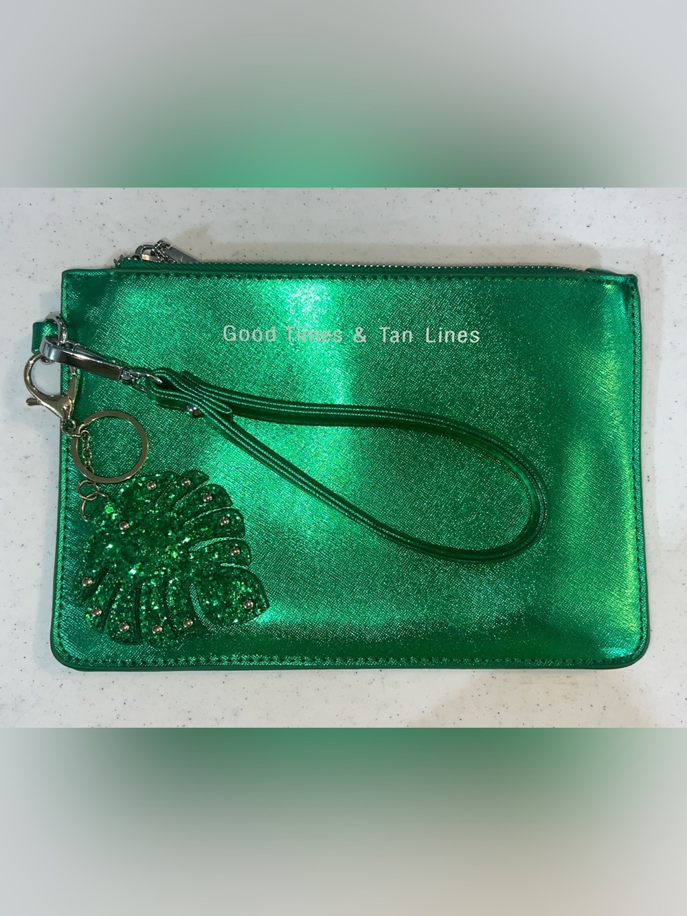 Green Metallic Wristlet Pouch - "Good Times & Tan Lines"